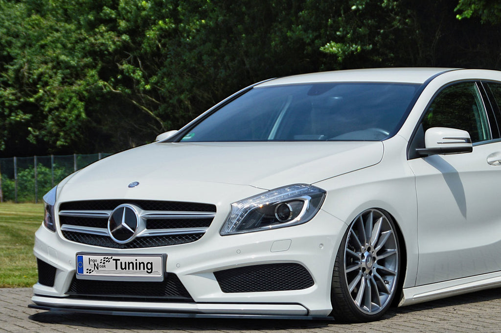 Schwarzer Frontspoiler Cuplippe aus ABS für Mercedes A-Klasse AMG-Line, passend für W176, mit ABE, von Ingo Noak Tuning