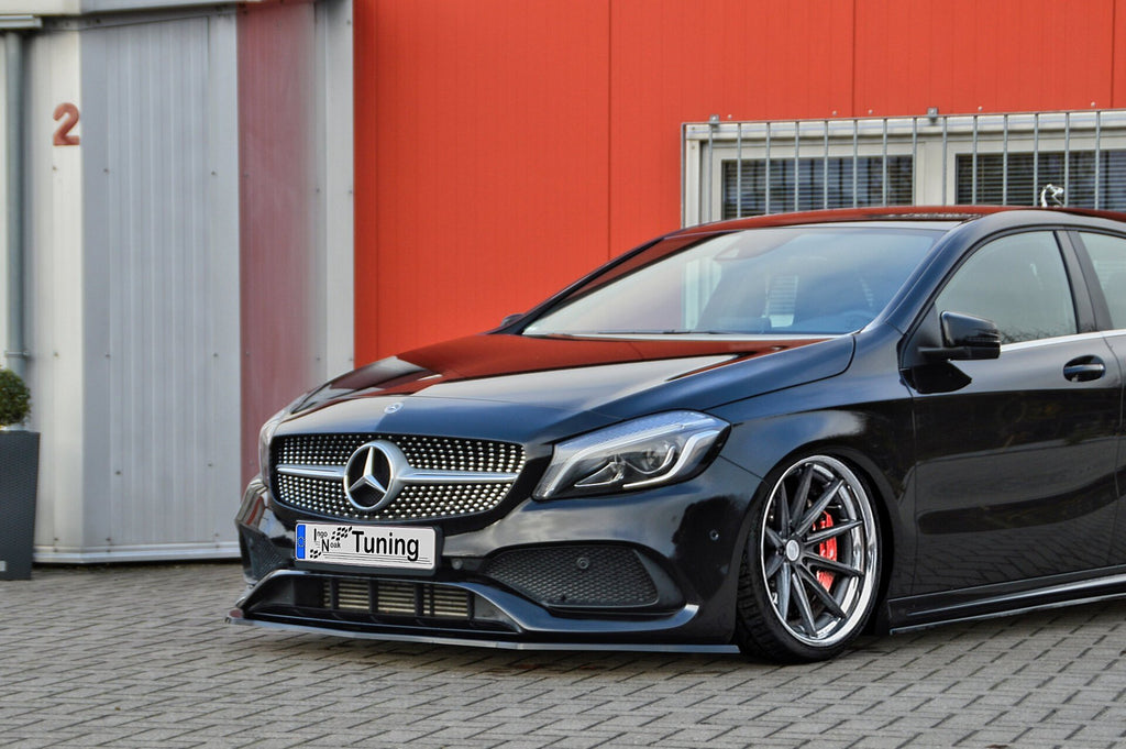 Frontspoilerlippe für Mercedes A W176 AMG-Line MOPF, Ingo Noak Tuning, zeigt die sportliche Fahrzeugfront in Nahaufnahme