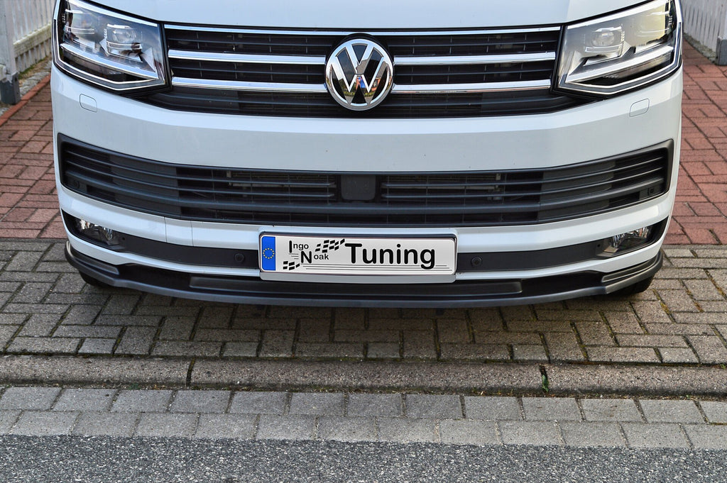 Vorne Spoilerlippe für VW Bus T6, Ingo Noak Tuning, aus Kunststoff, zeigt den schwarzen Frontspoiler mit integriertem Design.