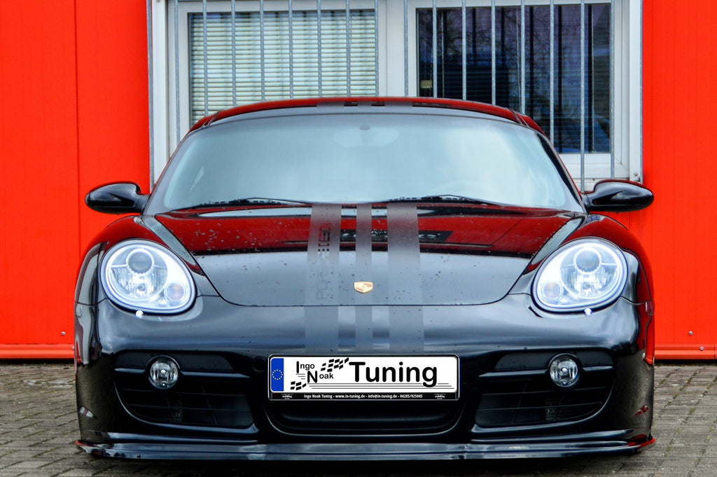 Frontspoilerlippe aus ABS für Porsche Cayman 987, in Wagenfarbe, von Ingo Noak Tuning, zeigt die aerodynamische Tuning-Optik