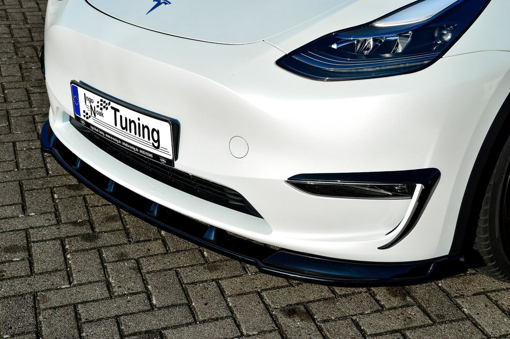 Frontspoilerlippe für Tesla Model Y ab 2020, Ingo Noak Tuning, aus robustem Material, sichtbar auf dem Fahrzeug montiert