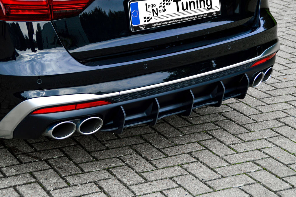 Gefräster Heckansatz aus ABS für Audi S4 B9 Facelift, schwarzes Tuning-Teil von Ingo Noak Tuning, sichtbar auf Auto.