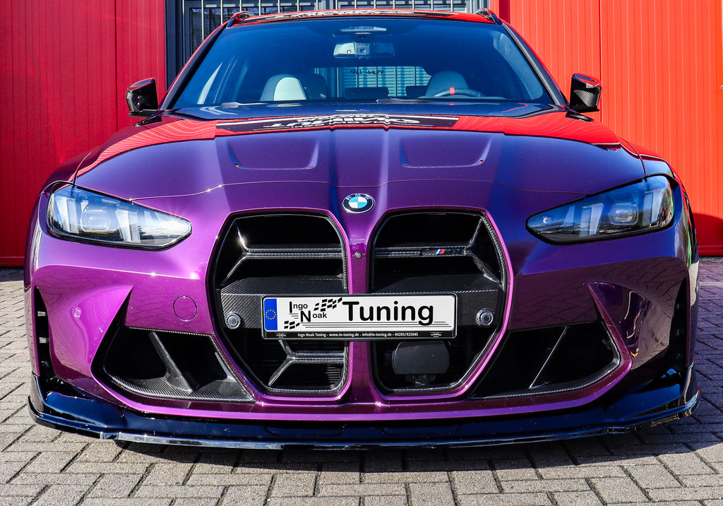 Frontspoilerlippe für BMW M3 G80/G81, Ingo Noak Tuning, aus ABS-Kunststoff, zeigt die sportliche Fahrzeugfront.
