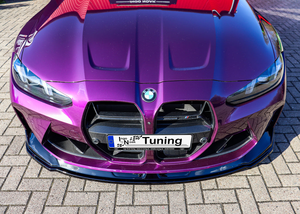 Frontspoilerlippe für BMW M3 G80/G81, Ingo Noak Tuning, aus ABS-Kunststoff, detailreiche Ansicht der Sport-Optik.
