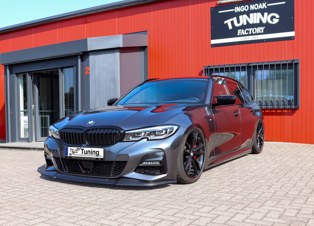 Vordere Spoilerlippe aus ABS für BMW 3er G20 G21 M-Paket, schwarzes Tuning-Teil von Ingo Noak Tuning, zeigt das aerodynamische Design