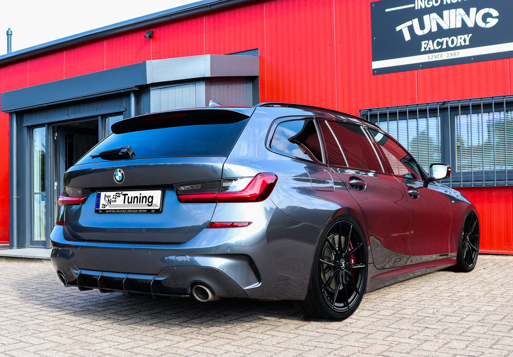 Gefräster Heckansatz aus ABS für BMW 3er G20 G21 M-Paket, hochwertiges Tuning-Teil von Ingo Noak Tuning, detailreiche Oberfläche
