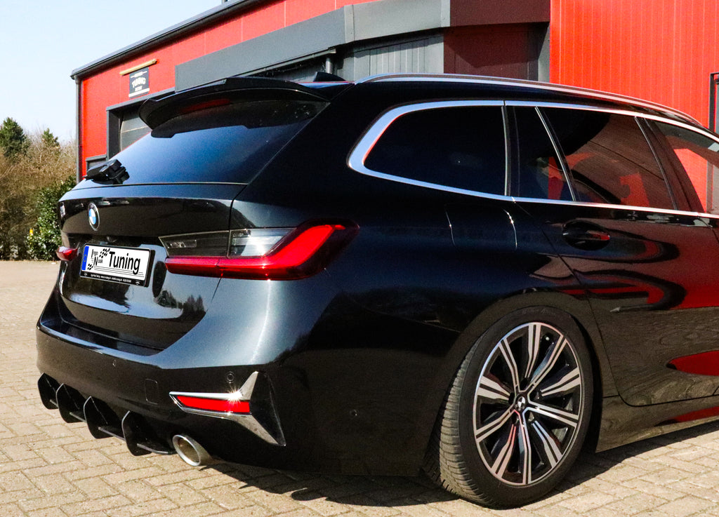 Gefräster Heckansatz für BMW 3er G20/G21 ohne M-Paket, Ingo Noak Tuning, aus Aluminium, zeigt das Design des Heckstoßfängers