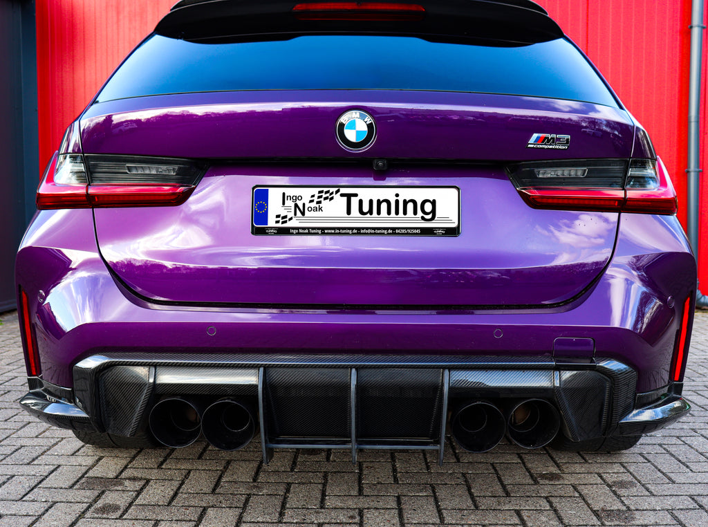 Gefräster Heckansatz für BMW M3 G80/G81 von Ingo Noak Tuning, sichtbarer Heckabschluss aus Carbon.