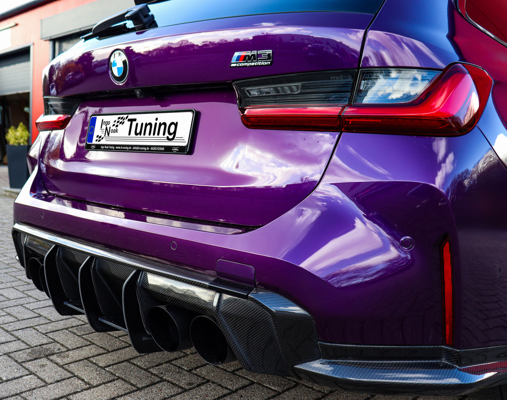 Gefräster Heckansatz für BMW M3 G80/G81 von Ingo Noak Tuning, aus hochwertigem Material, zeigt die präzise Verarbeitung.