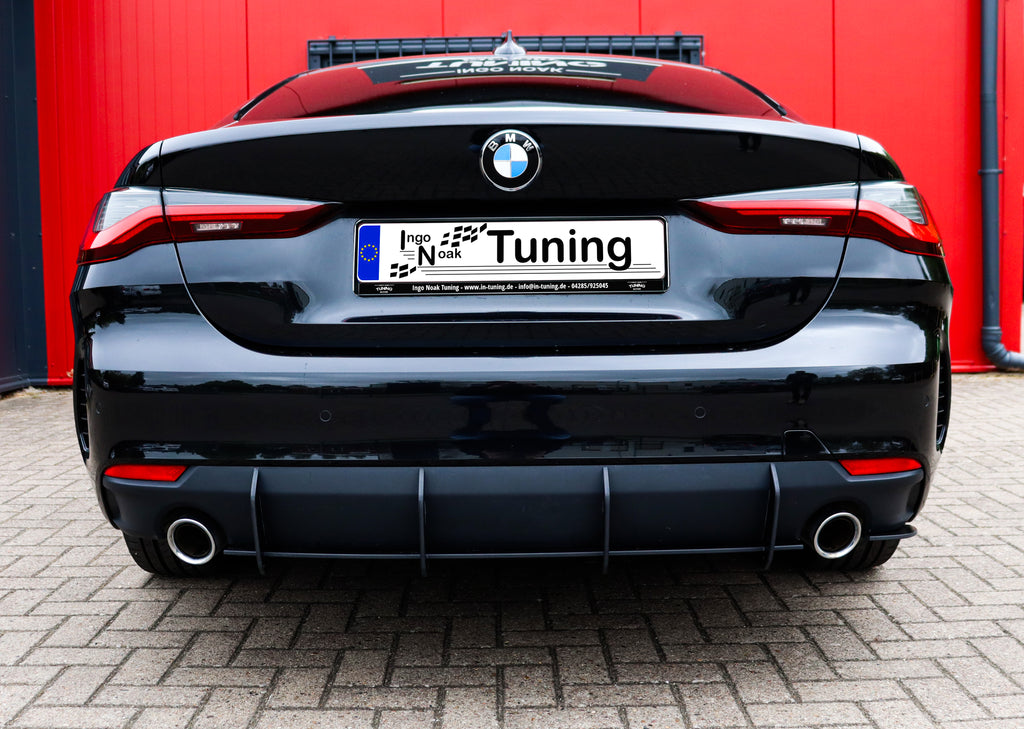 Gefräster Heckansatz für BMW 4er G22/G23 ohne M-Paket, Ingo Noak Tuning, aus hochwertigem ABS-Kunststoff, zeigt das Design des Heckansatzes.