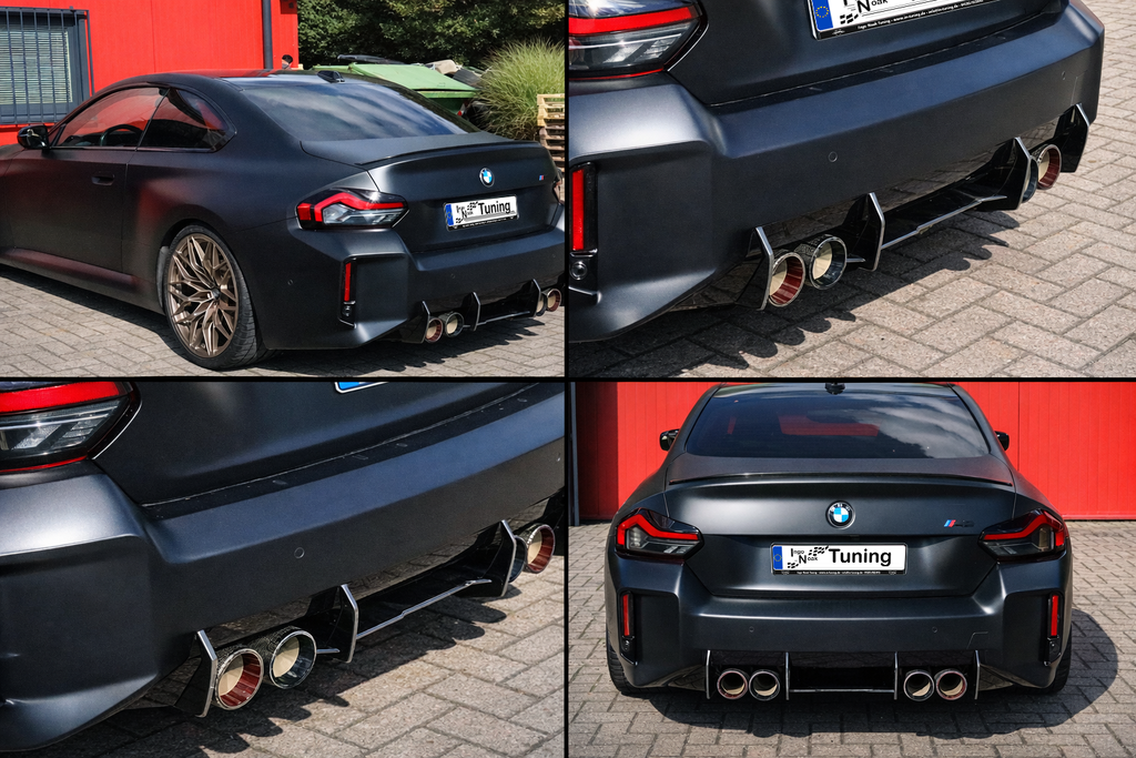 Gefräßter Heckansatz in Race Track Optik aus ABS für BMW M2 G87, Ingo Noak Tuning, mit aerodynamischem Design